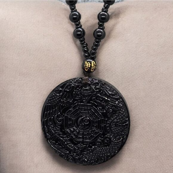 Unique Glass Black Obsidian Dragon and Phoenix Pendant Necklace Good Luck Charm - Picture 1 of 7